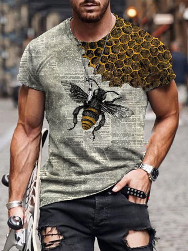 Designer Newspaper Art Bee Print T-Shirt