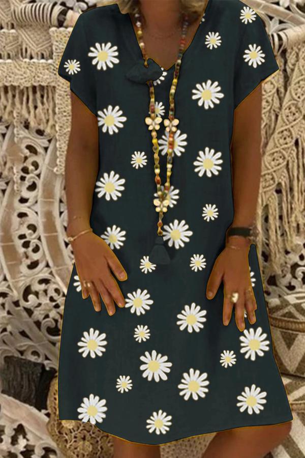 Daisy Flower Printed Short Sleeve Linen Dress