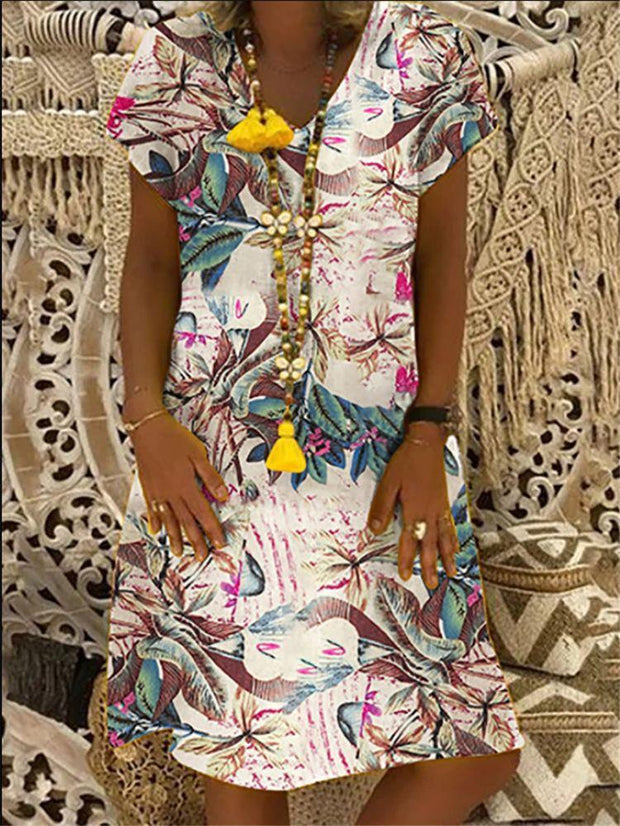 Women's Short Sleevee Leaf Print Dress