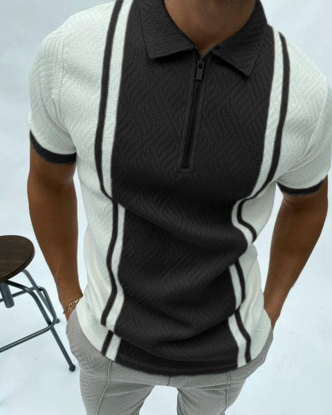 Herringbone jacquard color block slim fit polo shirt