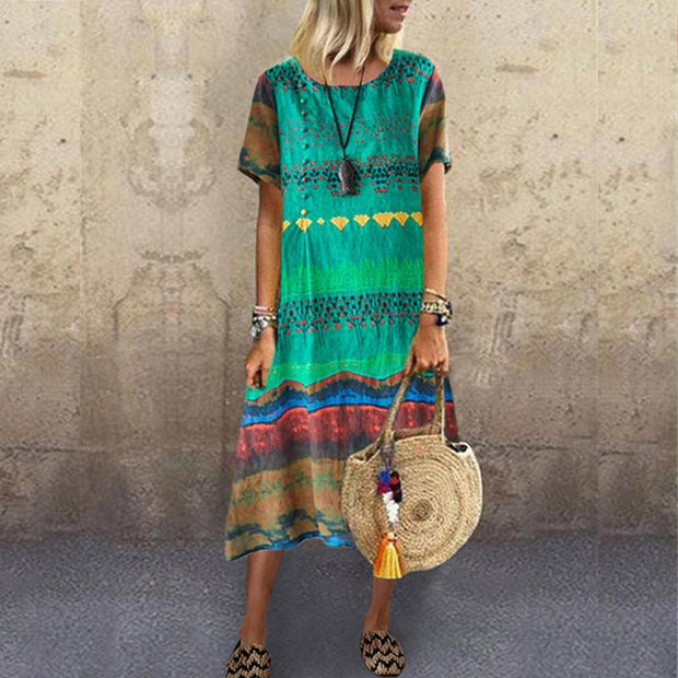 Sexy Short-sleeved Printed Round Collar Dress