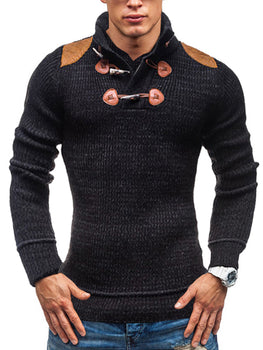Men's Patchwork Stand Collar Horn Button Knitted Sweater