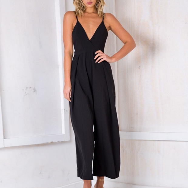 Fashion sexy deep V-neck suspender jumpsuit