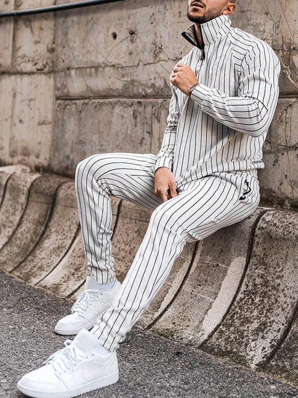 Mens Striped Fitness Running Long Sleeve Sweater Slim Pants Set