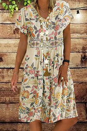 Sexy V-neck Fashion Print Short Sleeve Midi Dress