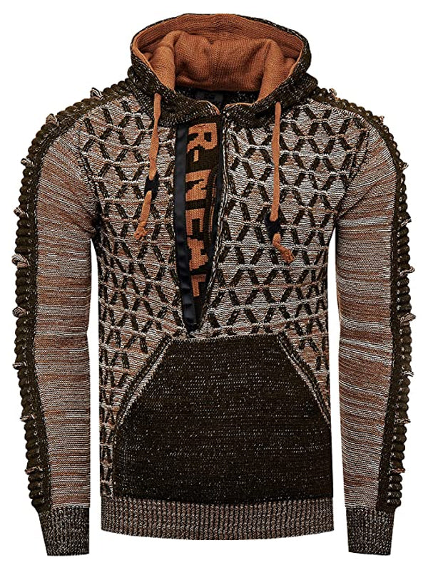 Mens Slim Mixed Color Stand-Up Collar Drawstring Hooded Sweater