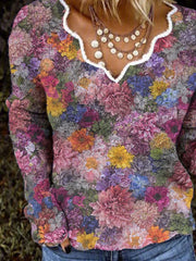 Womens Long Sleeve Lace Collar Print Top