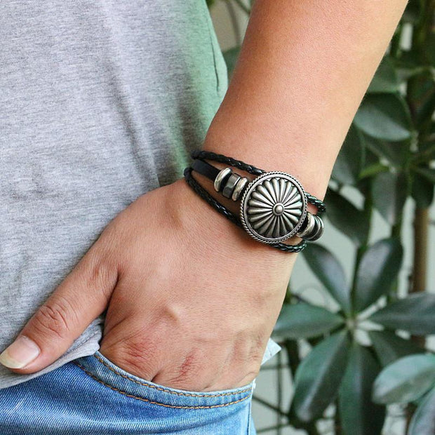 Vintage Alloy Antique Shield Leather Bracelet