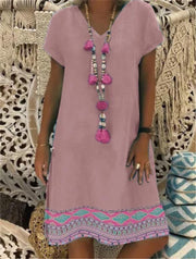 Ethnic Printed Short Sleeved V Neck Dress