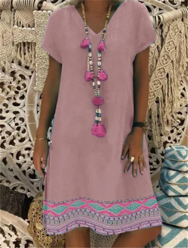Ethnic Printed Short Sleeved V Neck Dress