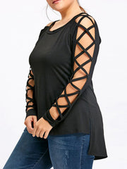 Plus size fashion strapless hollow mesh long sleeve T-shirt