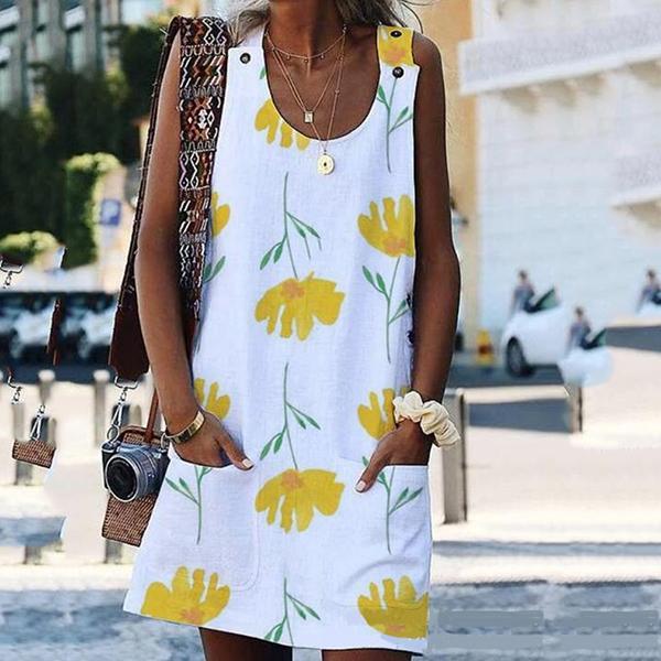 Sexy Round Neck Joom Flower Button Pocket Dress