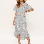 Fashion printed high-waist lace-up V-neck sexy chiffon swing irregular dress