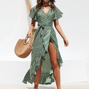 Fashion printed high-waist lace-up V-neck sexy chiffon swing irregular dress