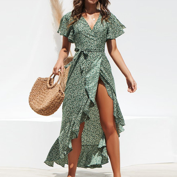 Fashion printed high-waist lace-up V-neck sexy chiffon swing irregular dress