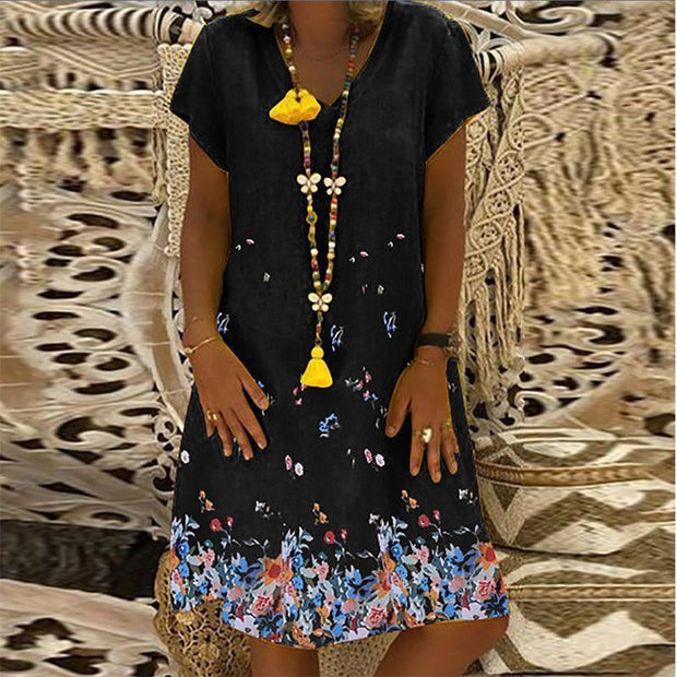 V-Neck Plain Printed Loose Dress