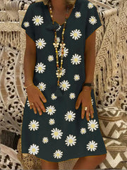 Daisy Flower Printed Short Sleeve Linen Dress