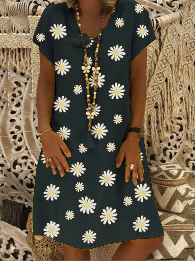 Daisy Flower Printed Short Sleeve Linen Dress