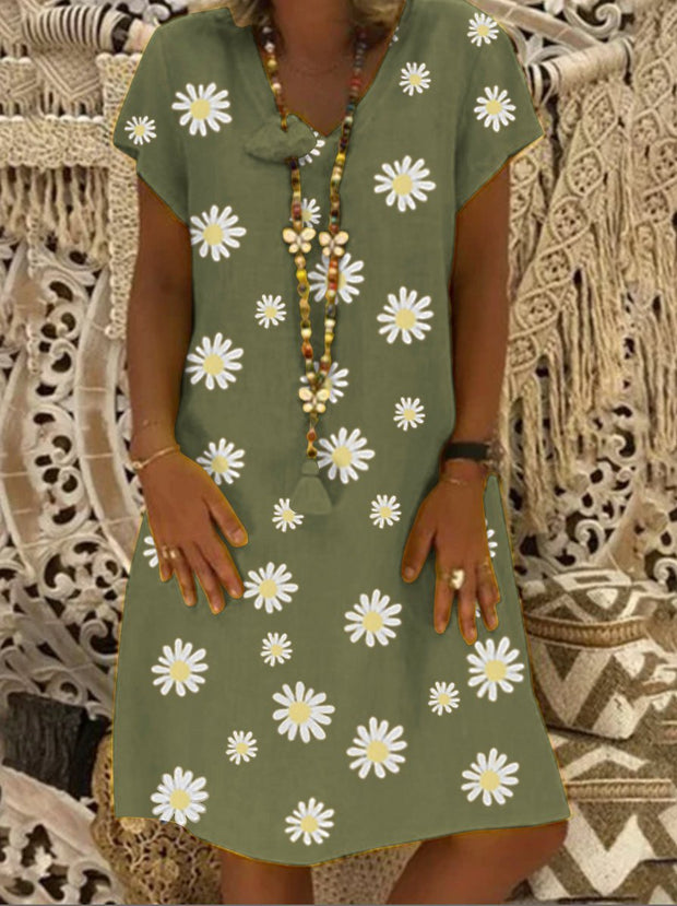 Daisy Flower Printed Short Sleeve Linen Dress