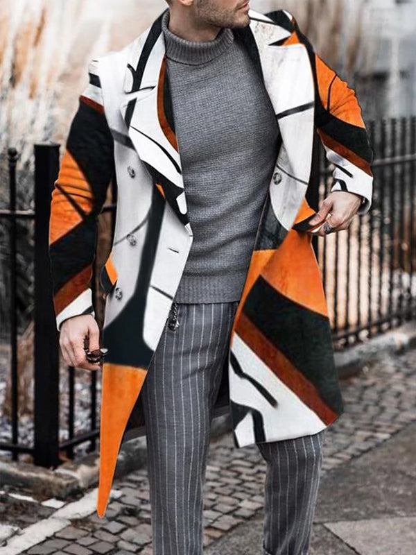 Mens Color Block Button Lapel Straight Double-Breasted Coat