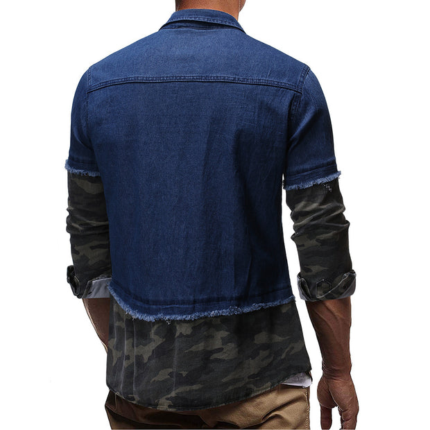 Fashion Camouflage Stitching Denim Long Sleeve Shirt