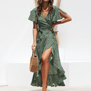 Fashion printed high-waist lace-up V-neck sexy chiffon swing irregular dress