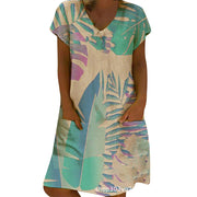 Sexy Printing Short-sleeved Mid-skirt V-neck Dress