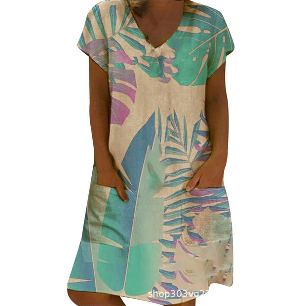 Sexy Printing Short-sleeved Mid-skirt V-neck Dress