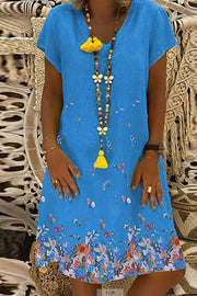 V-Neck Plain Printed Loose Dress