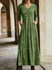 Chicbluf Cotton Vintage Print V-Neck Pocket Long Sleeve Dress