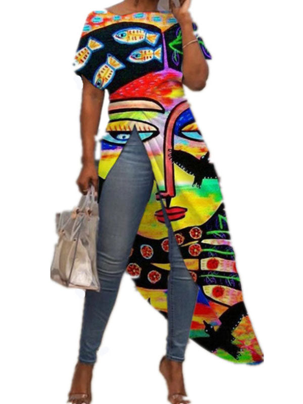Stylish Round Neck Short Sleeve Personalized Art Print Irregular Dress