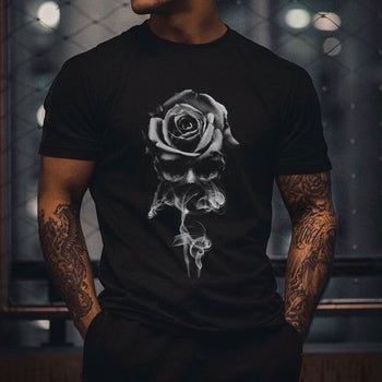Skull rose print short-sleeved T-shirt