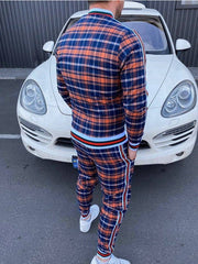 Mens Fashion Plaid Jacket Sports Pants Casual Suit