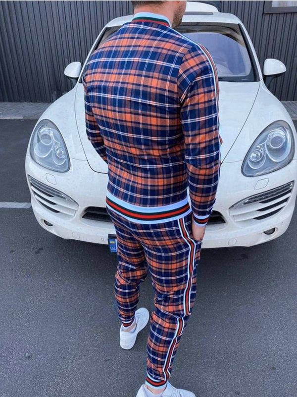 Mens Fashion Plaid Jacket Sports Pants Casual Suit