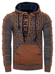Mens Slim Mixed Color Stand-Up Collar Drawstring Hooded Sweater