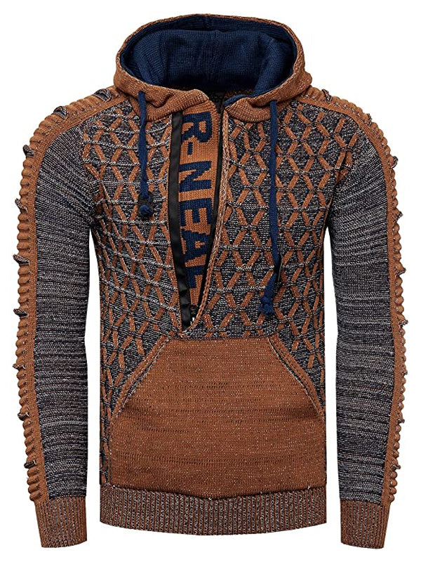 Mens Slim Mixed Color Stand-Up Collar Drawstring Hooded Sweater