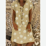 Daisy Flower Printed Short Sleeve Linen Dress