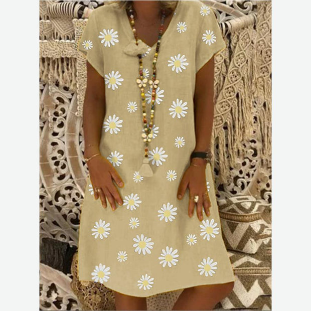 Daisy Flower Printed Short Sleeve Linen Dress
