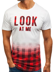 Mens Check Gradient Print Letter Short Sleeve T-shirt