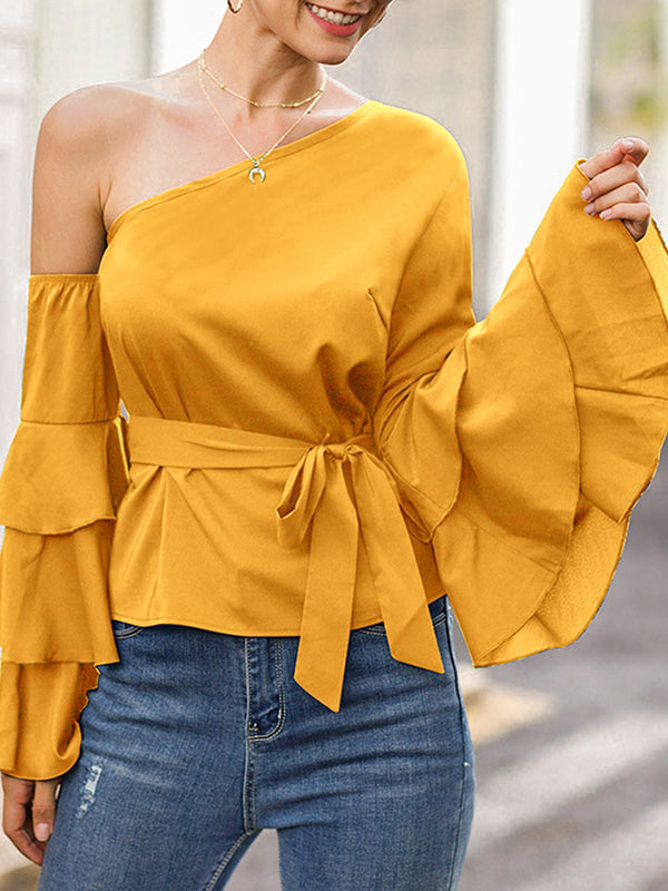 Women Fashion Sexy Casual Bow Flounce Ruffles Chiffon Blouse