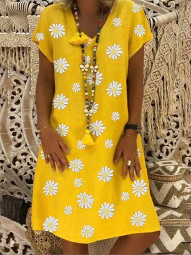 Daisy Flower Printed Short Sleeve Linen Dress