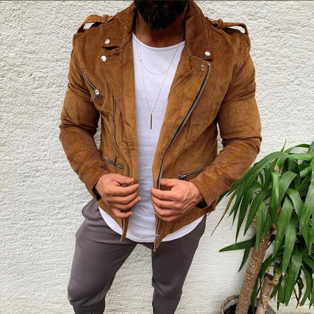 Lapel Zipper Corduroy Sleeve Long Sleeve Jacket