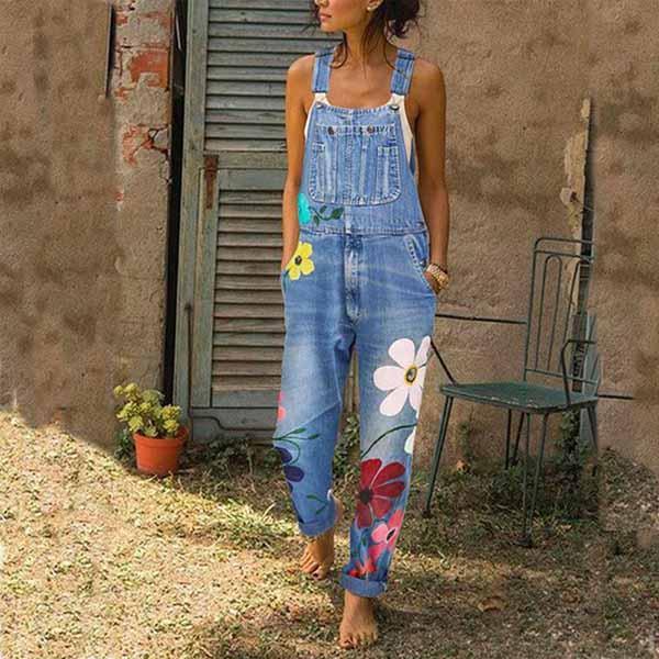 Neocozy Women Fashion Denim Sleeveless Print Jumpsuit