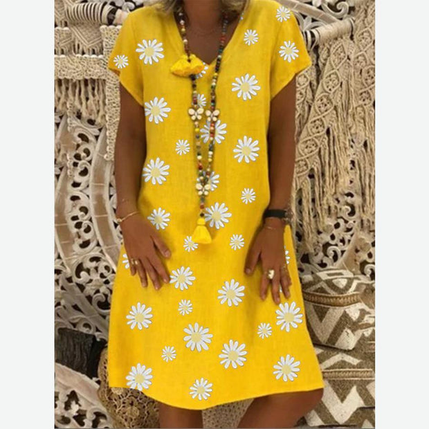 Daisy Flower Printed Short Sleeve Linen Dress