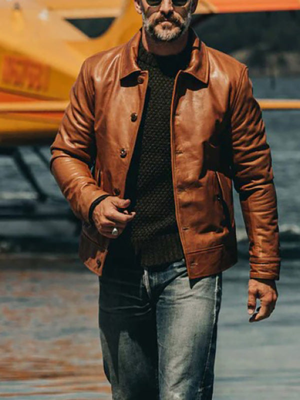 Mens Retro Casual Pocket Lapel Motorcycle Leather Jacket