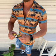 Fashion Lapel Beach Print Short-sleeved Shirt