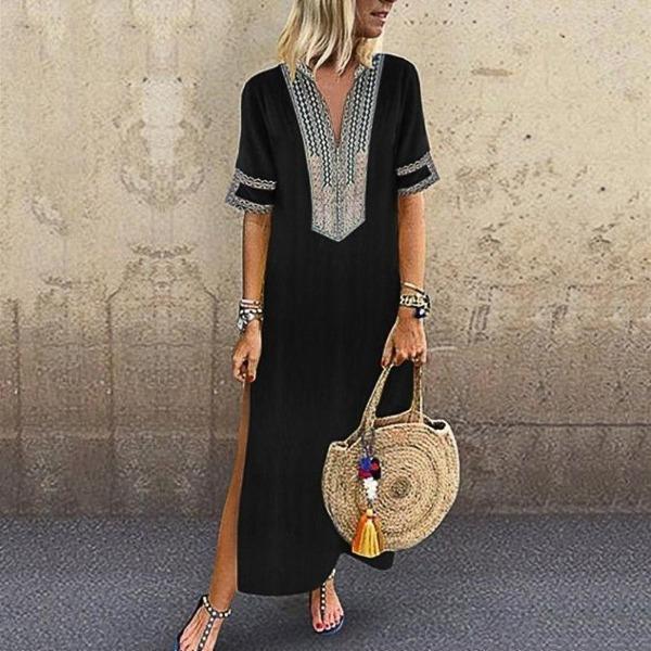 Neocozy Ethnic Short Sleeve Loose Plain Dress