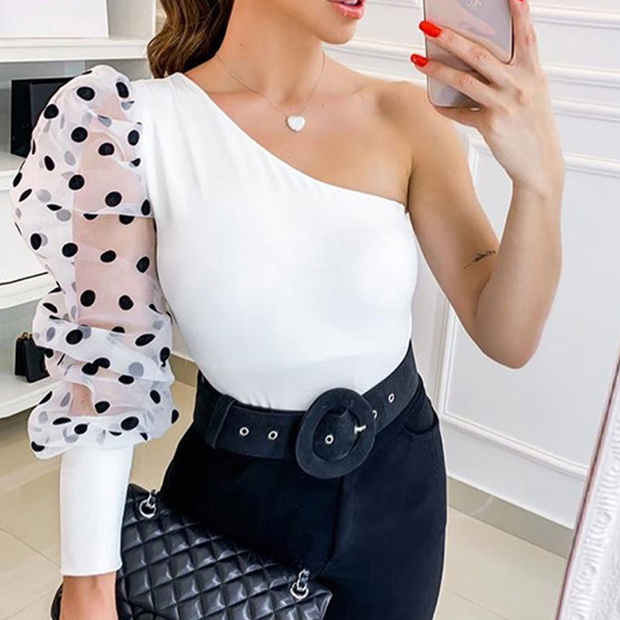 Blaseme Fashion oblique collar polka dot bubble sleeve T-shirt