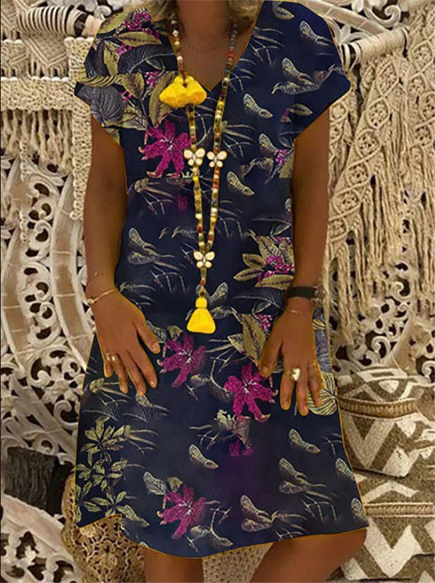 Women's Short Sleevee Leaf Print Dress