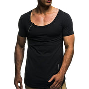 Mens Round Neck Zipper Stitching Slim Short Sleeve T-Shirt